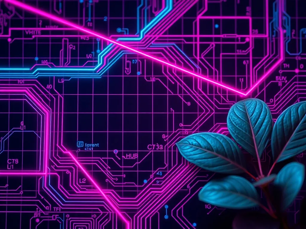 Abstract technical blueprint grid with neon cyan and magenta