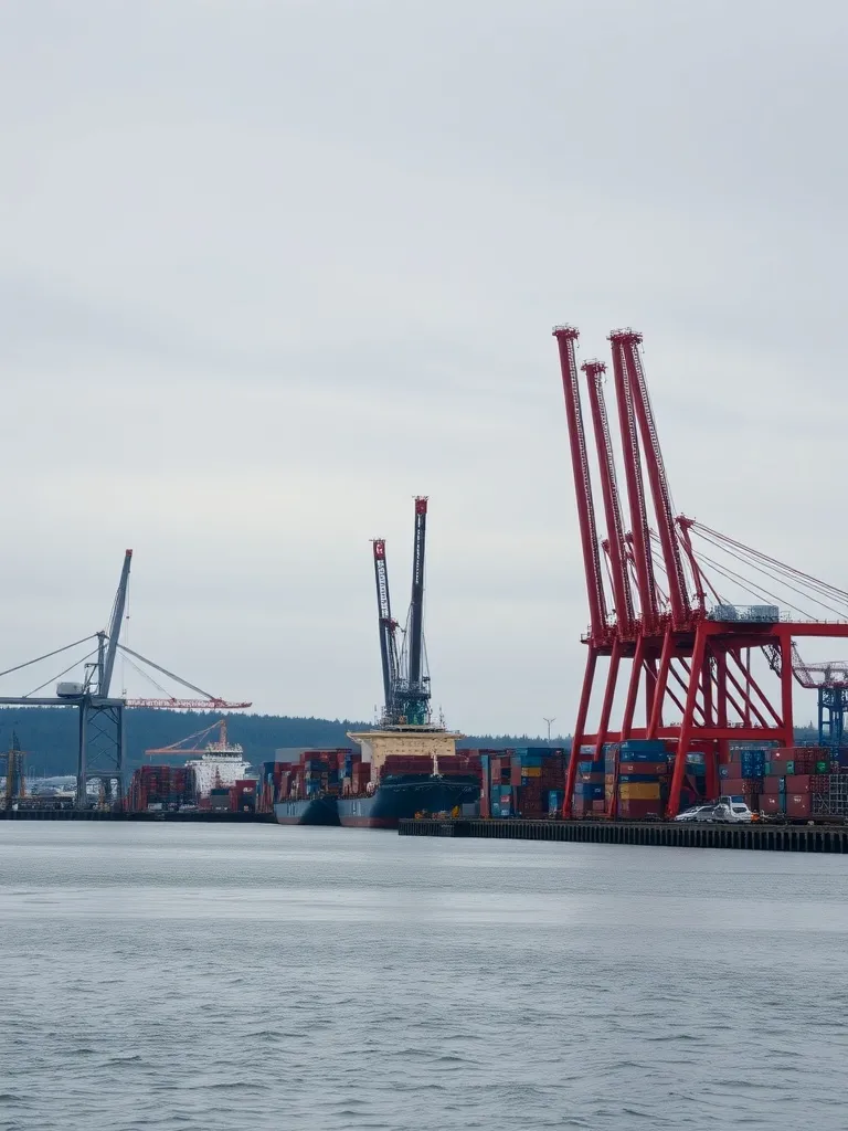 Industrial view of Halifax harbor with cranes and shipping c