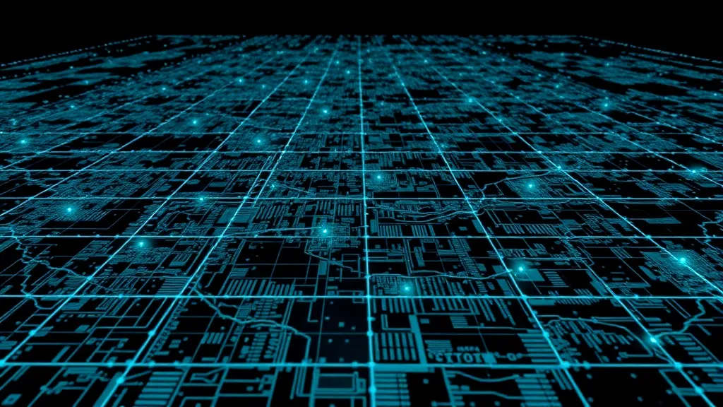 A detailed technical blueprint of a city grid with glowing c