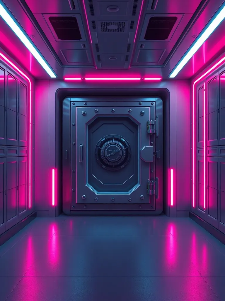 A high-tech secure vault interior with neon cyan and magenta