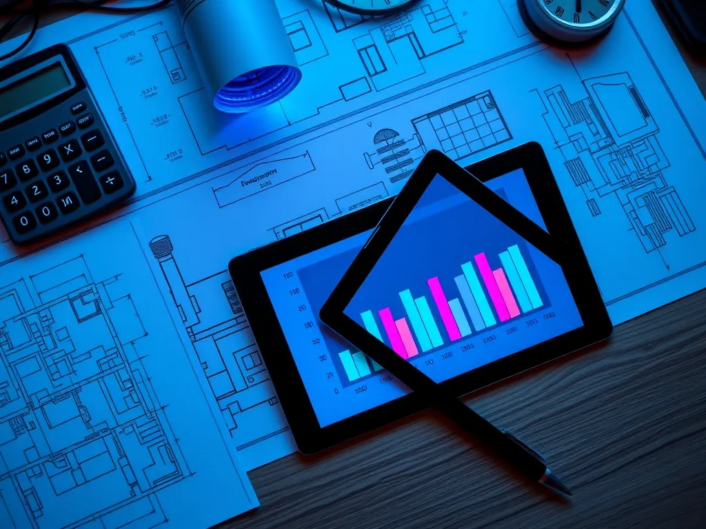 A technical top-down view of a professional desk with a calc